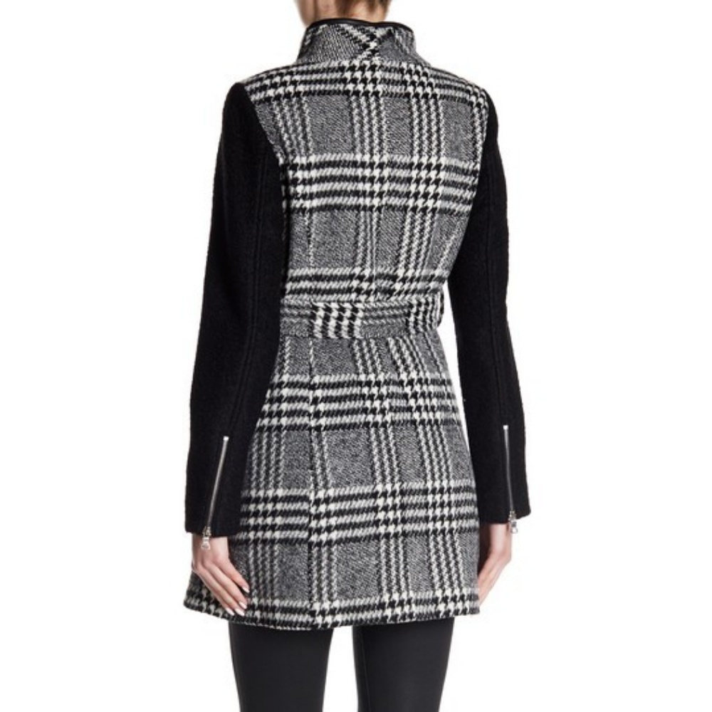 Guess Belted Wool Plaid ContrastSleeve Trench Coat - Picture 3 of 6
